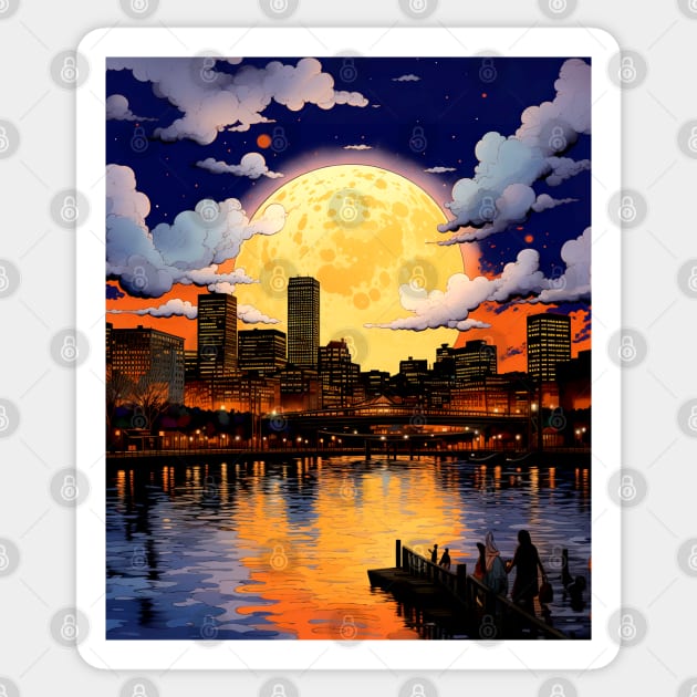 Portland Oregon: Full November Beaver Moon Over Downtown Portland Oregon Sticker by Puff Sumo